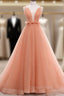 A-line Tulle Straps Low Back Long Wedding Party Dresses, Pink Tulle Long Prom Dresses