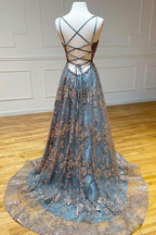 A Line Tulle Straps Sequins Lace Prom Dress Split Prom Dresses