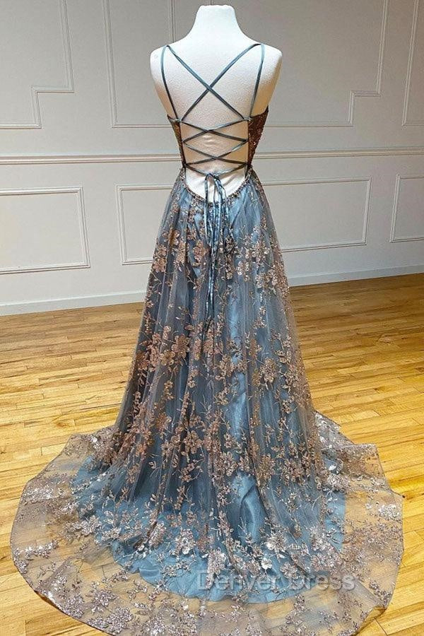 A Line Tulle Straps Sequins Lace Prom Dress Split Prom Dresses