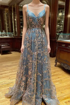 A Line Tulle Straps Sequins Lace Prom Dress Split Prom Dresses