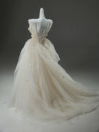A-Line Tulle Sweep Train Champagne Long Prom Dresses With Applique