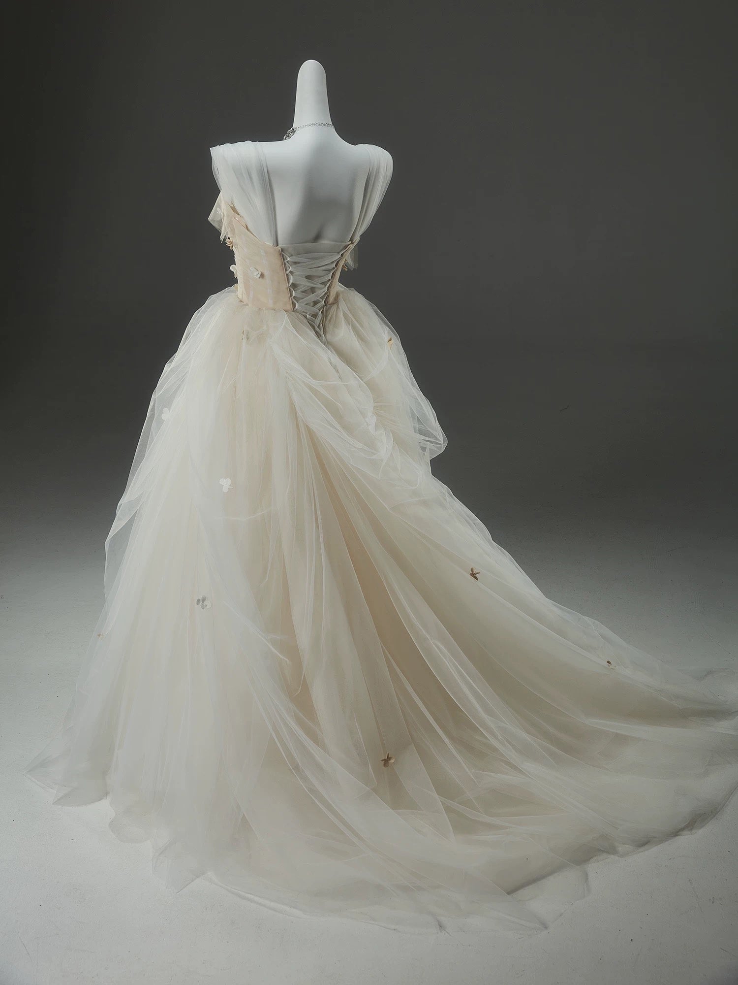 A-Line Tulle Sweep Train Champagne Long Prom Dresses With Applique