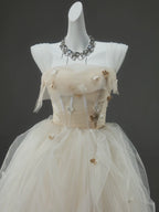 A-Line Tulle Sweep Train Champagne Long Prom Dresses With Applique