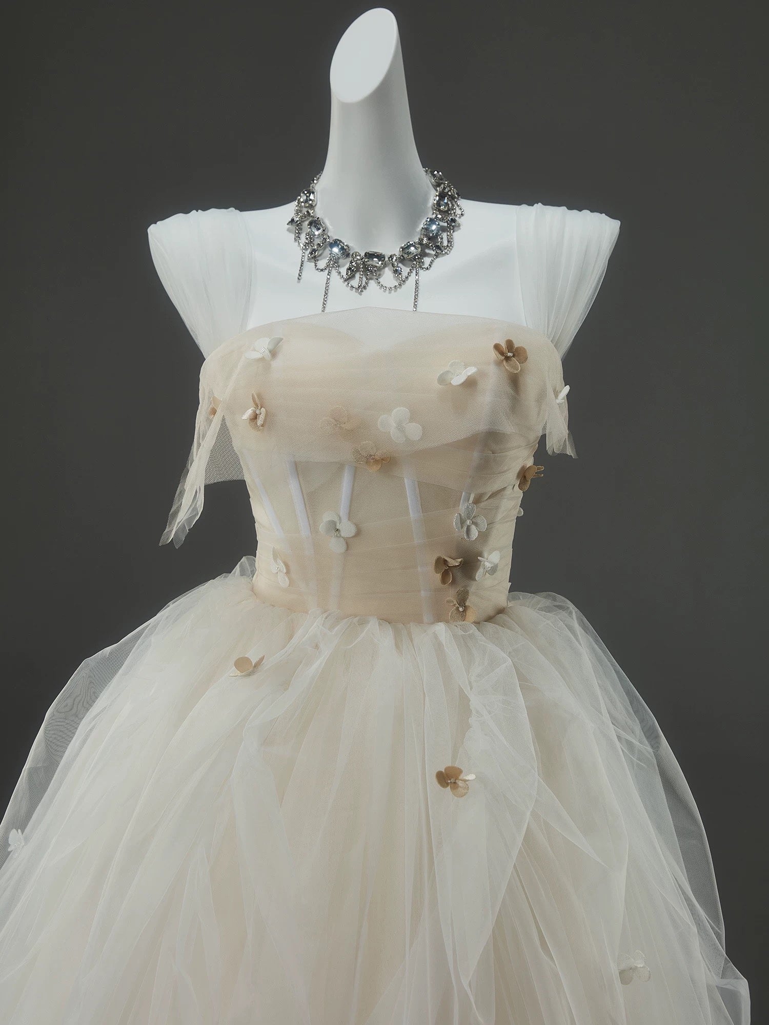 A-Line Tulle Sweep Train Champagne Long Prom Dresses With Applique