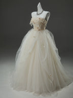 A-Line Tulle Sweep Train Champagne Long Prom Dresses With Applique