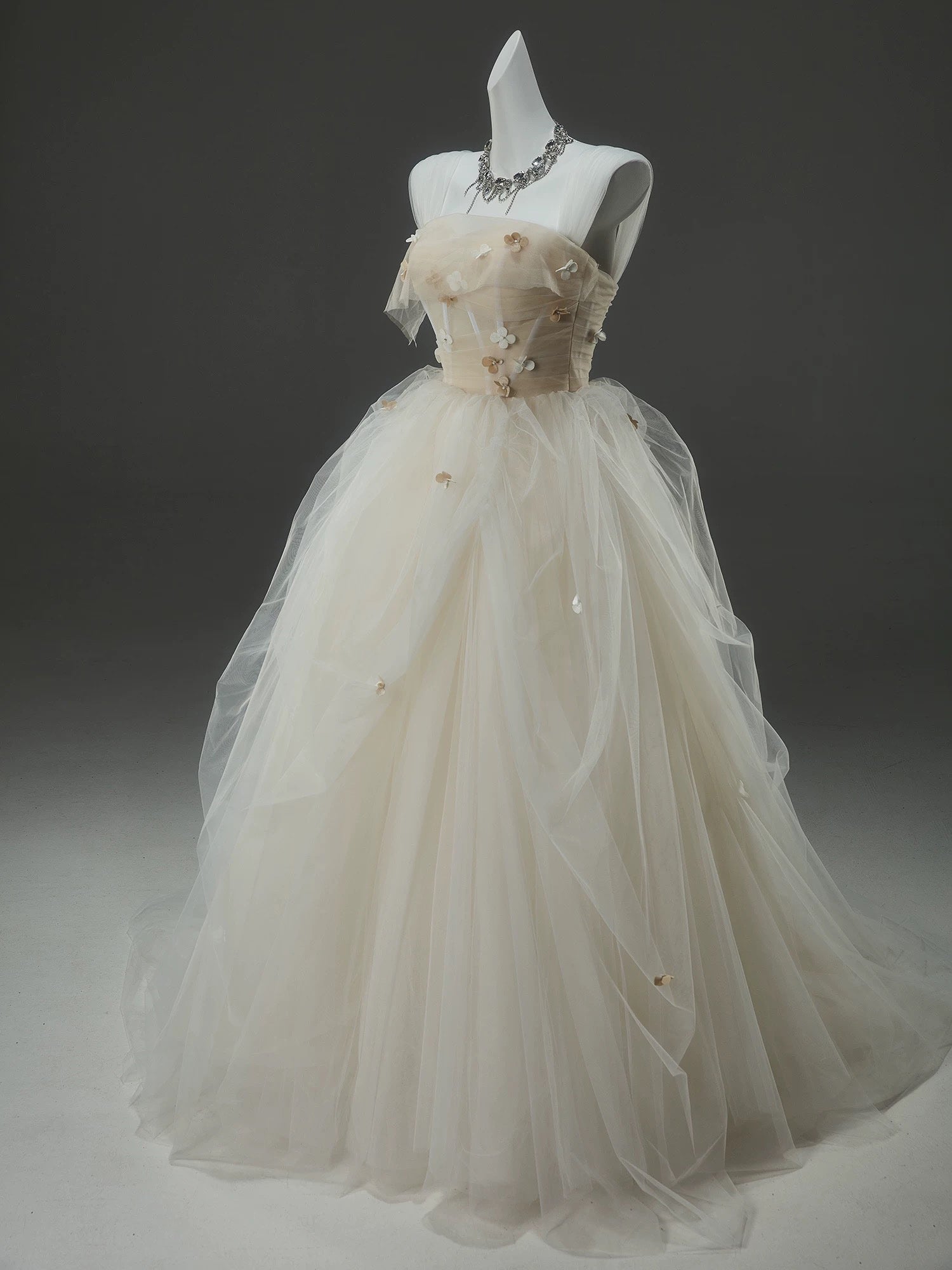 A-Line Tulle Sweep Train Champagne Long Prom Dresses With Applique