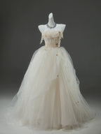 A-Line Tulle Sweep Train Champagne Long Prom Dresses With Applique