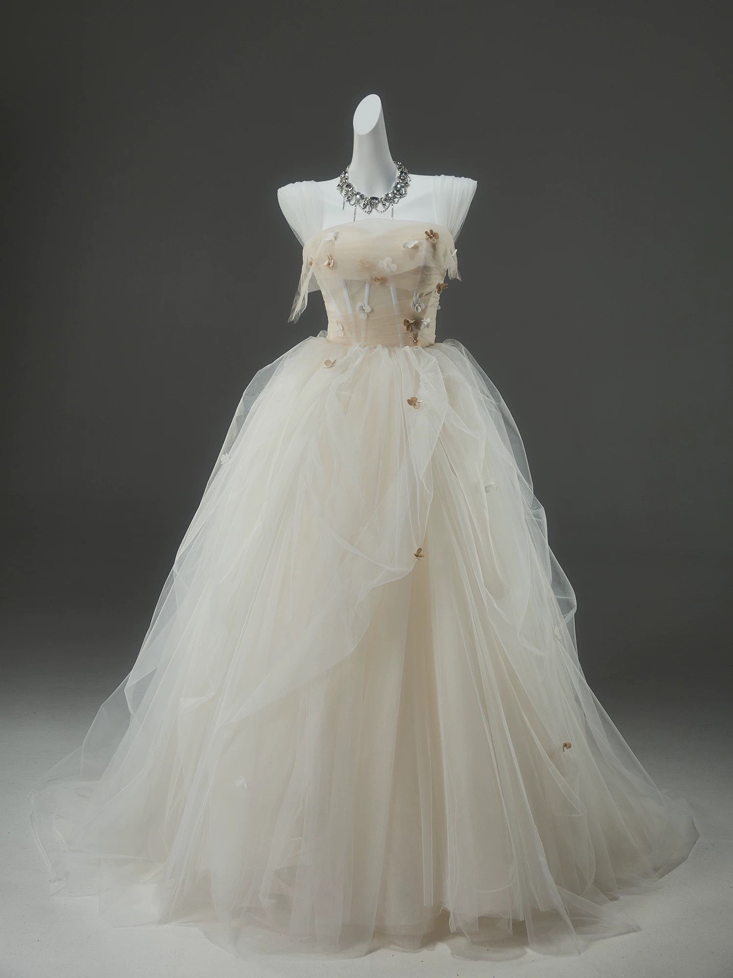 A-Line Tulle Sweep Train Champagne Long Prom Dresses With Applique