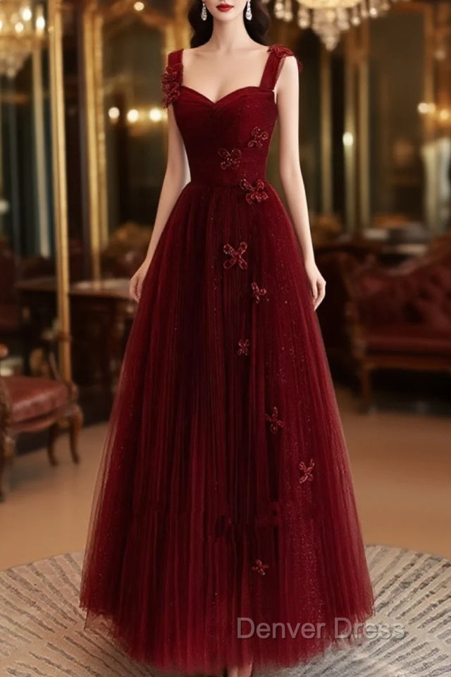 A-Line Tulle Sweetheart Straps Long Formal Dresses, Wine Red Evening Dresses Prom Dresses