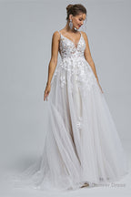 A Line Tulle V Neck Lace Beaded Flower Wedding Dresses