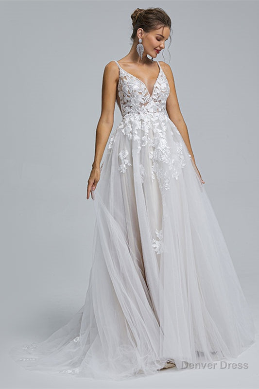 A Line Tulle V Neck Lace Beaded Flower Wedding Dresses
