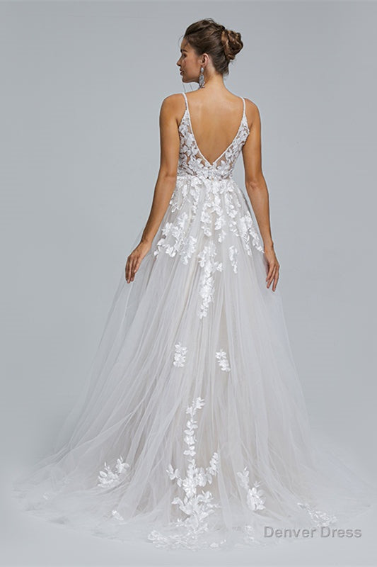 A Line Tulle V Neck Lace Beaded Flower Wedding Dresses Main image