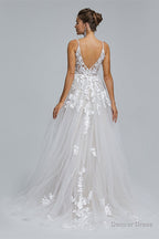 A Line Tulle V Neck Lace Beaded Flower Wedding Dresses