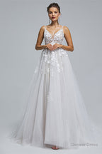 A Line Tulle V Neck Lace Beaded Flower Wedding Dresses