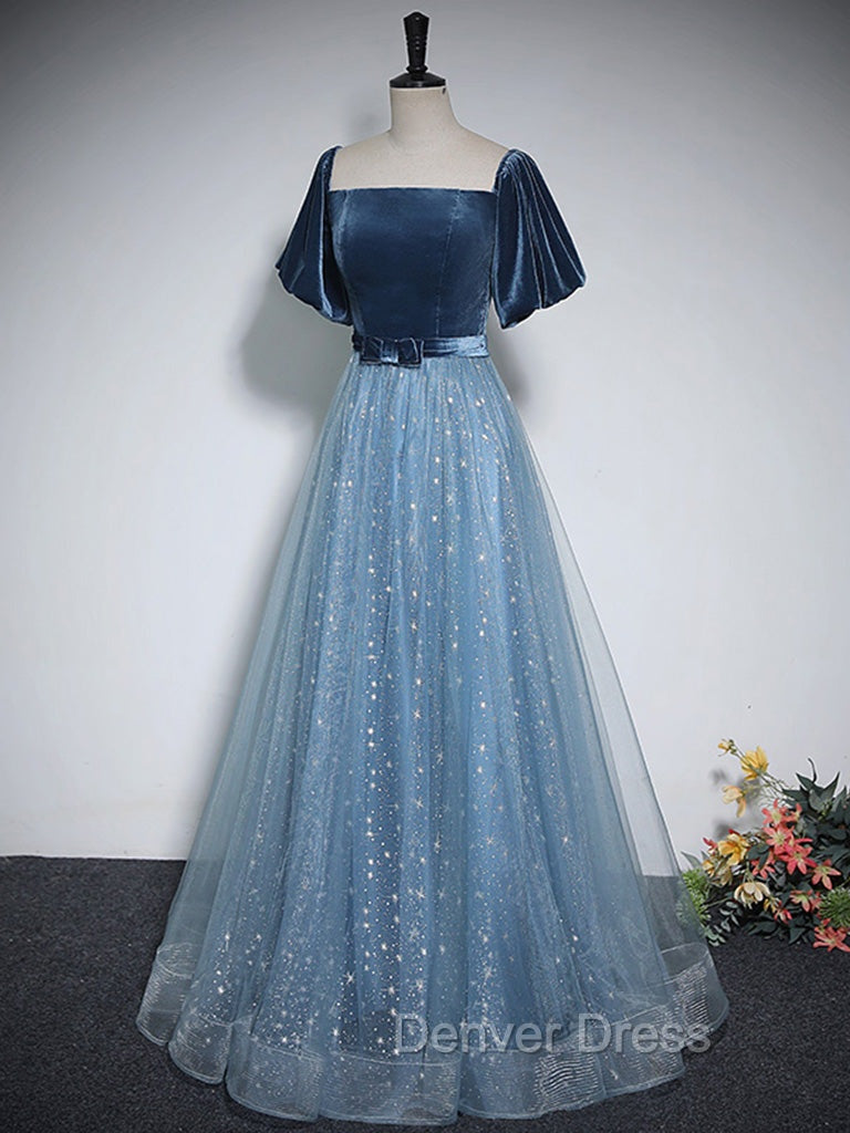 A-Line Tulle Velvet Blue Long Prom Dresses, Blue Tulle Formal Dresses Secondary image