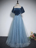 A-Line Tulle Velvet Blue Long Prom Dresses, Blue Tulle Formal Dresses