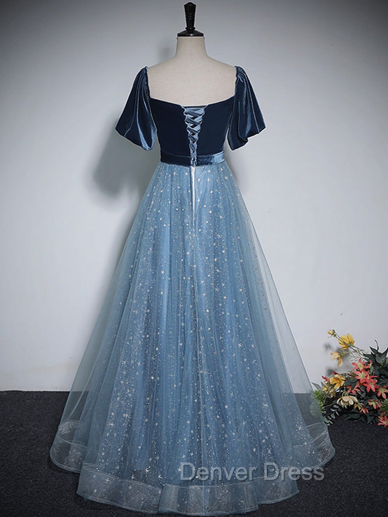 A-Line Tulle Velvet Blue Long Prom Dresses, Blue Tulle Formal Dresses