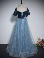 A Line Tulle Velvet Blue Long Prom Dress, Blue Tulle Prom Dresses