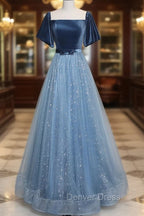 A-Line Tulle Velvet Blue Long Prom Dresses, Blue Tulle Formal Dresses