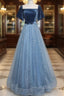 A-Line Tulle Velvet Blue Long Prom Dresses, Blue Tulle Formal Dresses