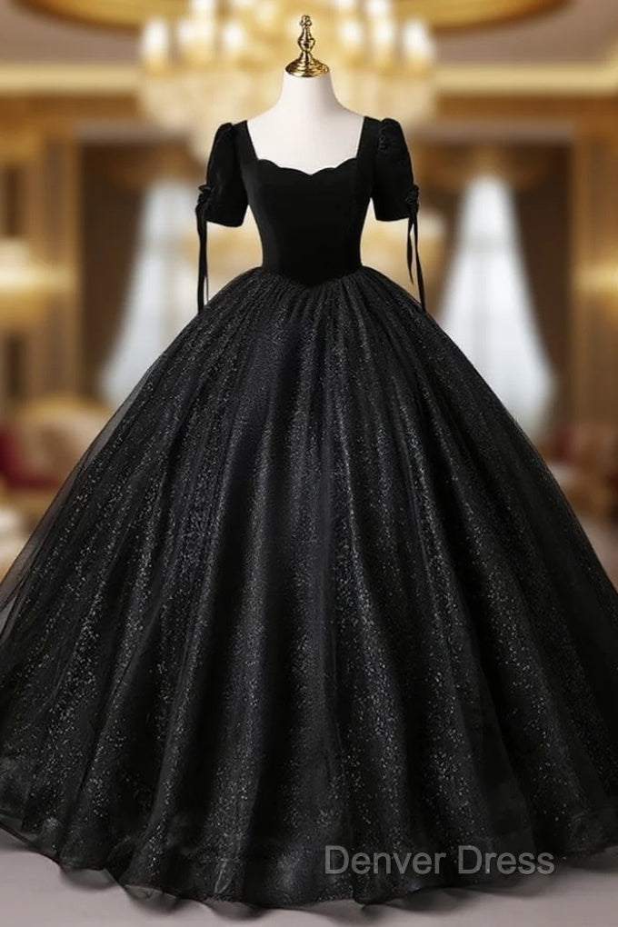 A-Line Tulle Velvet Sequin Black Long Prom Dresses, Black Long Evening Dresses Main image
