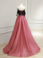 A Line Tulle Watermelon Red Long Prom Dress, Watermelon Red Tulle Long Prom Dresses