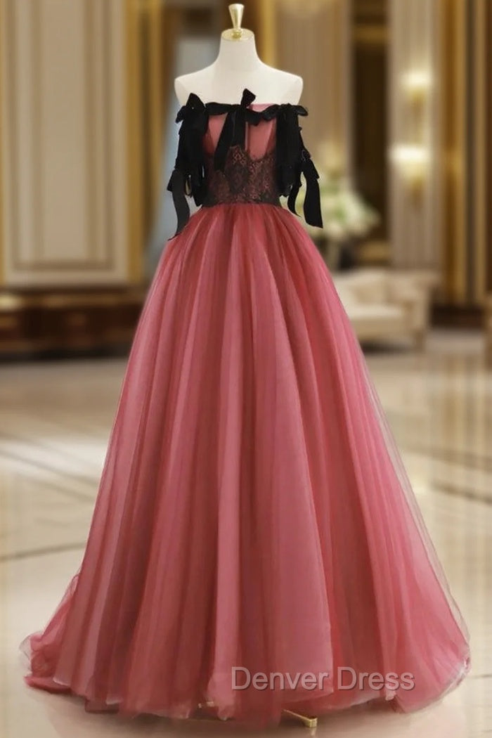 A-Line Tulle Watermelon Red Long Prom Dresses, Watermelon Red Tulle Long Formal Dresses Main image