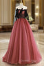 A-Line Tulle Watermelon Red Long Prom Dresses, Watermelon Red Tulle Long Formal Dresses