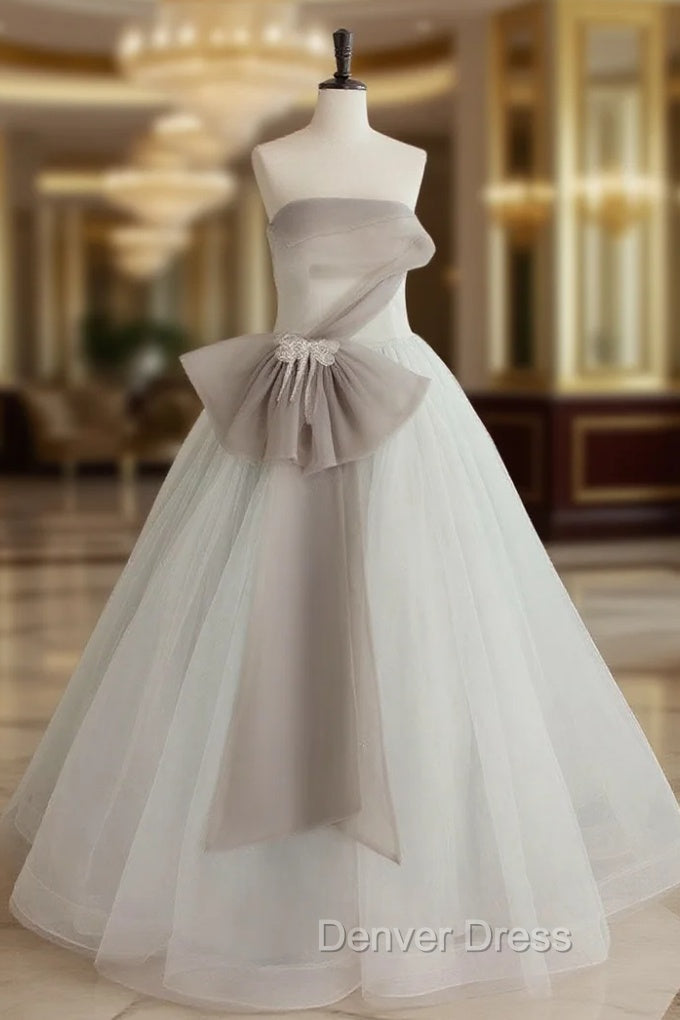 A-Line Tulle White Long Prom Dresses, White Formal Party Dresses