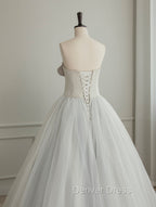 A-Line Tulle White Long Prom Dresses, White Formal Party Dresses