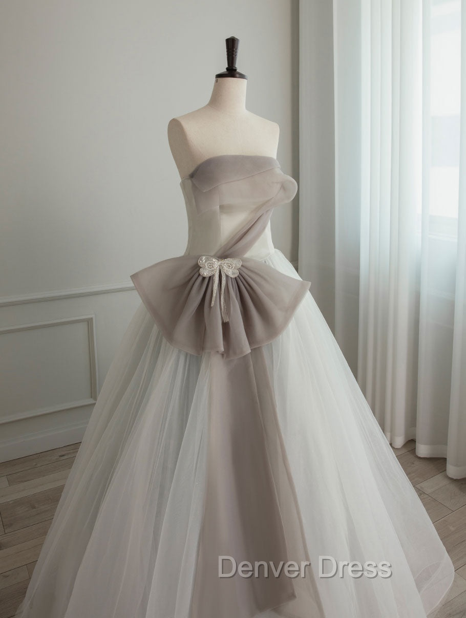 A-Line Tulle White Long Prom Dresses, White Formal Party Dresses