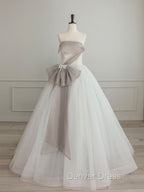 A-Line Tulle White Long Prom Dresses, White Formal Party Dresses