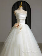 A-Line Tulle White Long Prom Dresses, White Long Formal Dresses