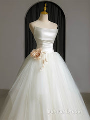 A-Line Tulle White Long Prom Dresses, White Long Formal Dresses