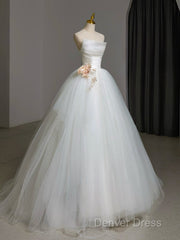 A-Line Tulle White Long Prom Dresses, White Long Formal Dresses
