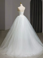A-Line Tulle White Long Prom Dresses, White Long Formal Dresses