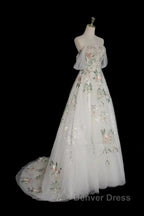 A-Line Tulle With Flower Lace White Wedding Party Dresses, White Tulle Evening Dresses Prom Dresses