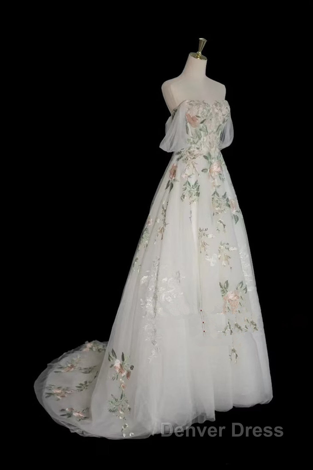 A-Line Tulle With Flower Lace White Wedding Prom Dress, White Tulle Prom Dress Secondary image