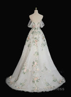 A-Line Tulle With Flower Lace White Wedding Party Dresses, White Tulle Evening Dresses Prom Dresses