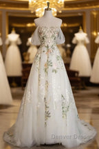 A-Line Tulle With Flower Lace White Wedding Party Dresses, White Tulle Evening Dresses Prom Dresses