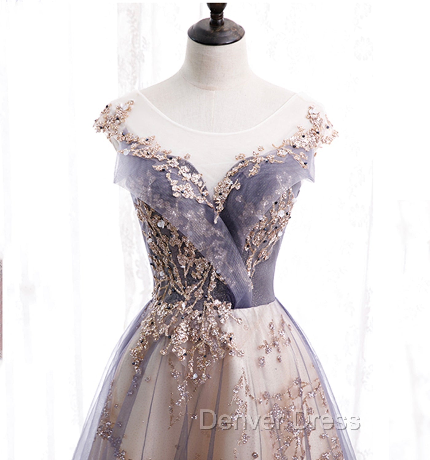 A-line Tulle with Lace Applique Party Dresses, Tulle Long Prom Dresses Secondary image