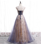 A-line Tulle with Lace Applique Party Dresses, Tulle Long Prom Dresses