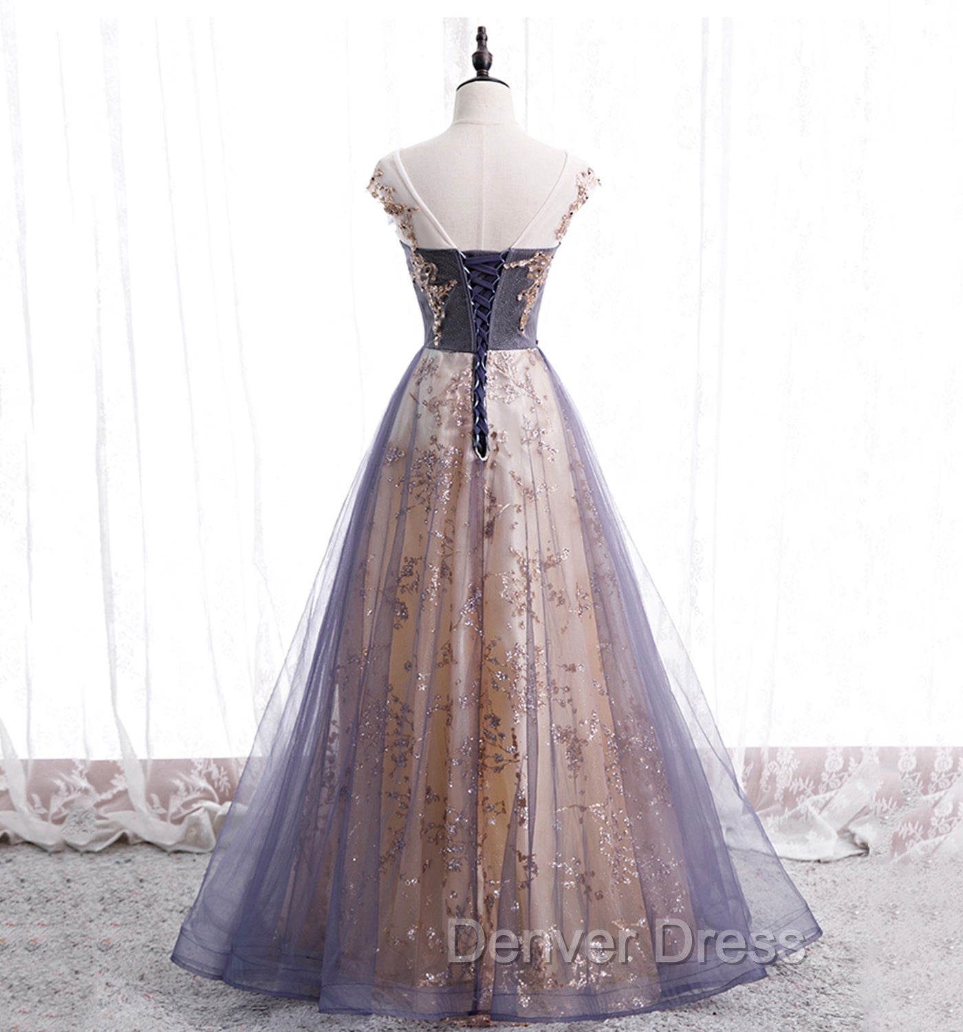A-line Tulle with Lace Applique Party Dresses, Tulle Long Prom Dresses