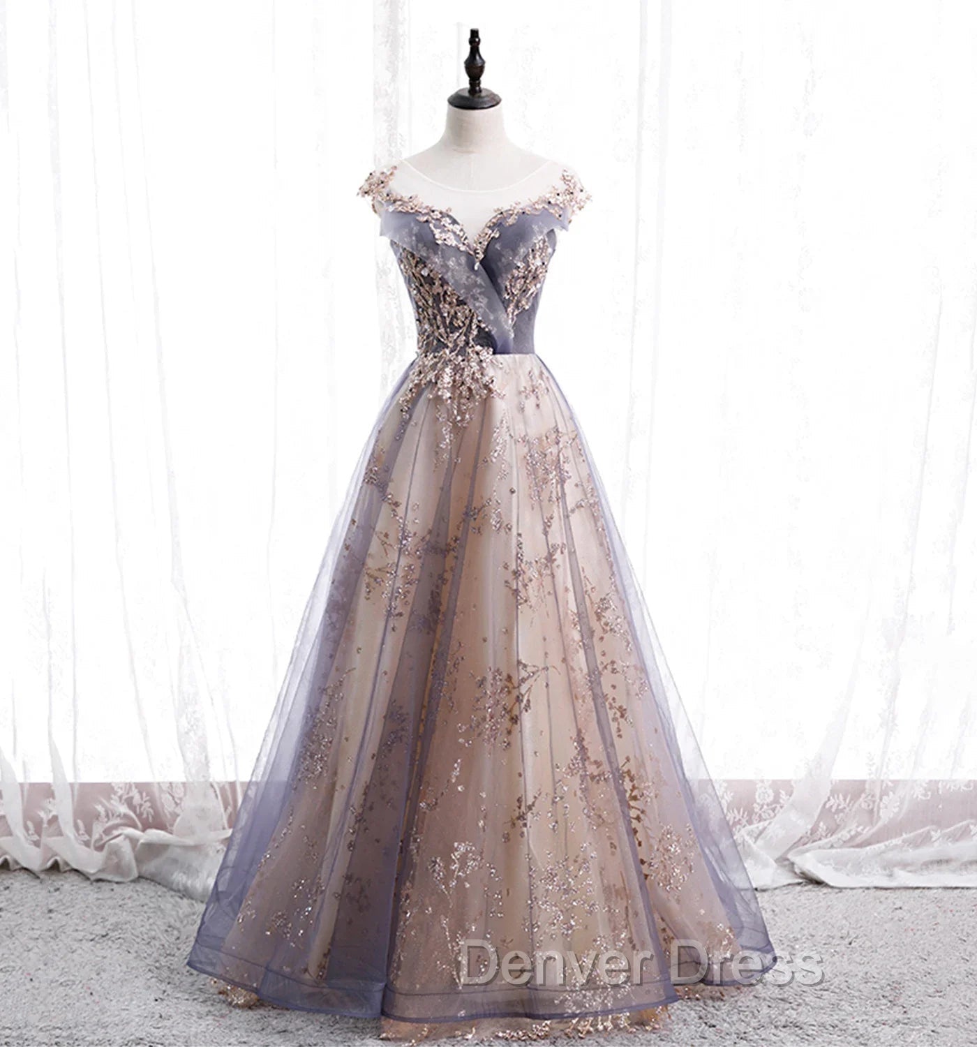 A Line Tulle with Lace Applique Prom Dress Tulle Long Prom Dress shops