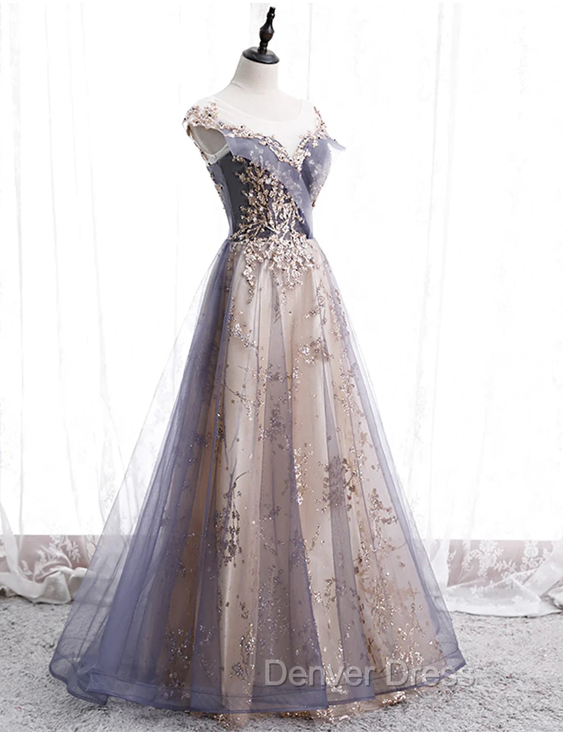 A Line Tulle with Lace Applique Prom Dress Tulle Long Prom Dress shops