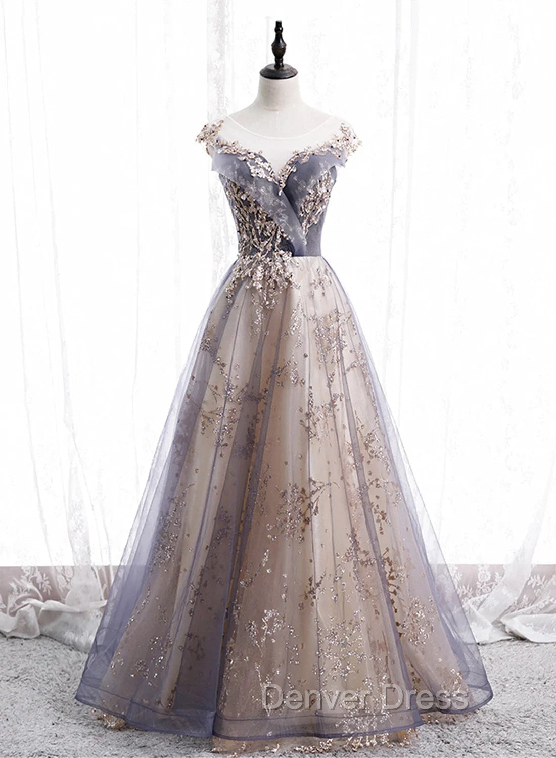 A Line Tulle with Lace Applique Prom Dress Tulle Long Prom Dress shops