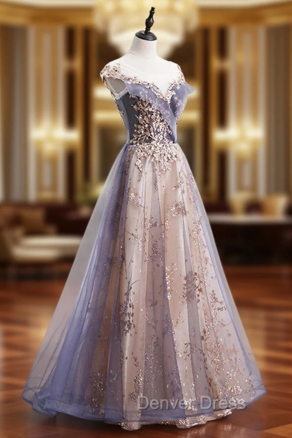 A Line Tulle with Lace Applique Prom Dress Tulle Long Prom Dress shops