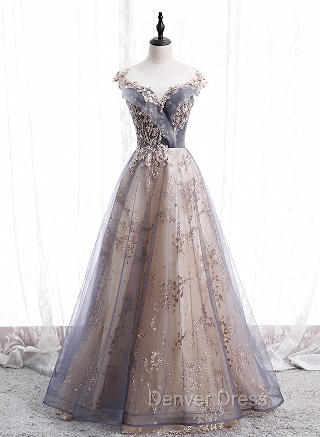 A-line Tulle with Lace Applique Party Dresses, Tulle Long Prom Dresses