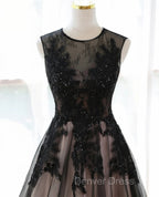A Line Tulle with Lace Round Neckline Floor Length Prom Dress, Black Prom Dresses