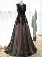 A Line Tulle with Lace Round Neckline Floor Length Prom Dress, Black Prom Dresses